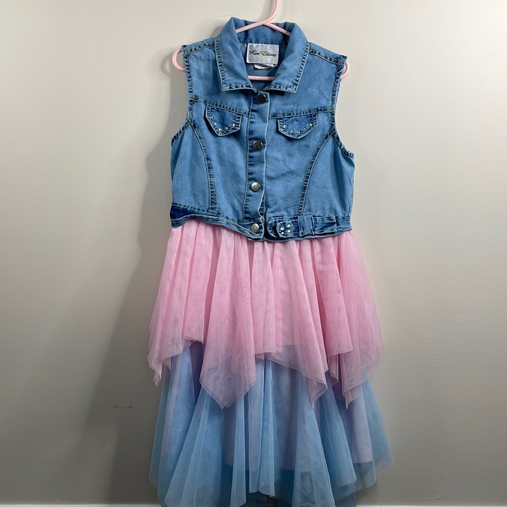 Rare Editions playful denim and tulle skirt dress. Size 7.